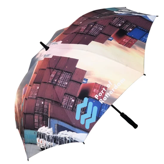 Marco de fibra de vidrio automático extra grande, resistente al agua, gran venta al por mayor, paraguas de golf de palo largo con logotipo personalizado impreso