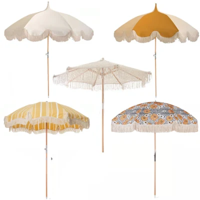 Venta al por mayor de sombrillas de playa con flecos Vintage de lujo personalizadas con borlas, sombrilla de sol grande de estilo bohemio con poste de madera portátil para exteriores